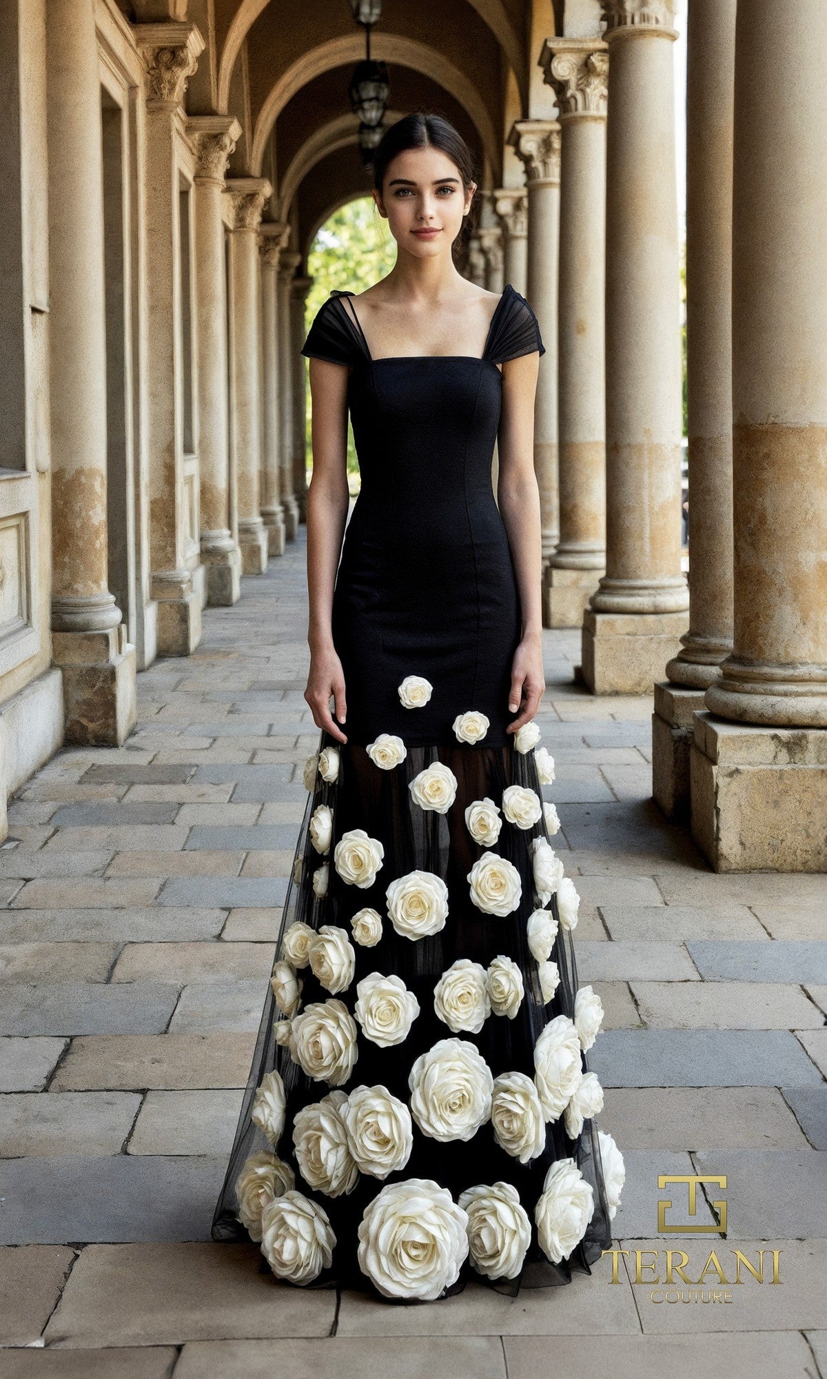 A woman stands in an arched walkway wearing a fitted Long Formal Dress: Terani 261P6098 in Black Ivory, featuring cap sleeves and large 3D floral appliques on the sheer tulle skirt. The Terani Couture logo appears in the lower right corner.